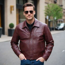 A man in a button-down aviator style maroon leather jacket.