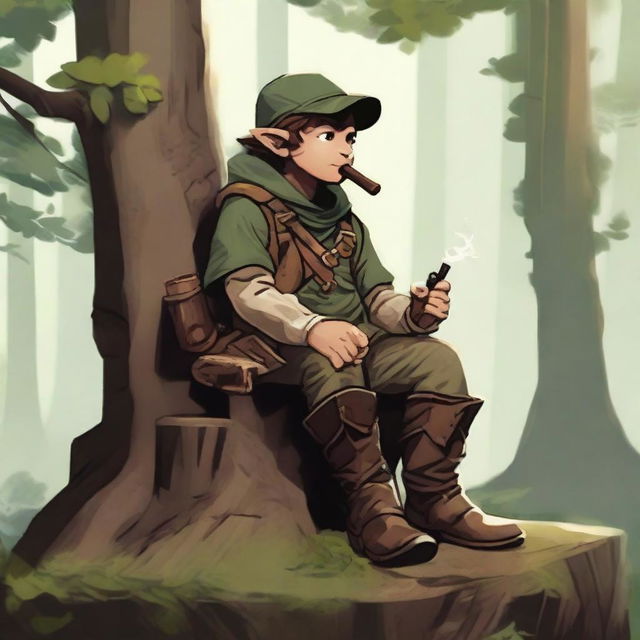 A halfling ranger sitting on a tree stump, smoking a pipe