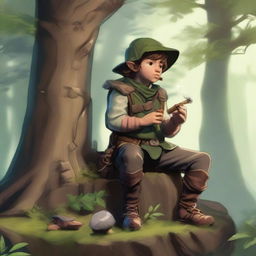 A halfling ranger sitting on a tree stump, smoking a pipe