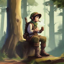 A halfling ranger sitting on a tree stump, smoking a pipe