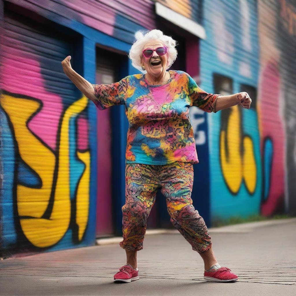 A sassy old lady wearing funky clothes and dancing energetically in a vibrant street filled with colorful graffiti murals