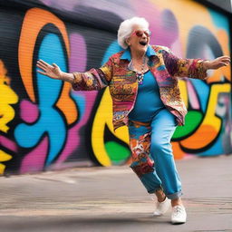 A sassy old lady wearing funky clothes and dancing energetically in a vibrant street filled with colorful graffiti murals