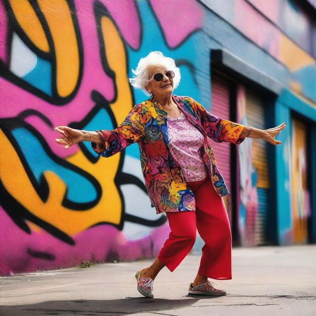 A sassy old lady wearing funky clothes and dancing energetically in a vibrant street filled with colorful graffiti murals