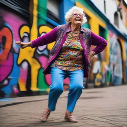 A sassy old lady wearing funky clothes and dancing energetically in a vibrant street filled with colorful graffiti murals