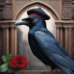 A detailed image of a raven wearing a fez, standing against a gothic background