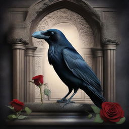 A detailed image of a raven wearing a fez, standing against a gothic background