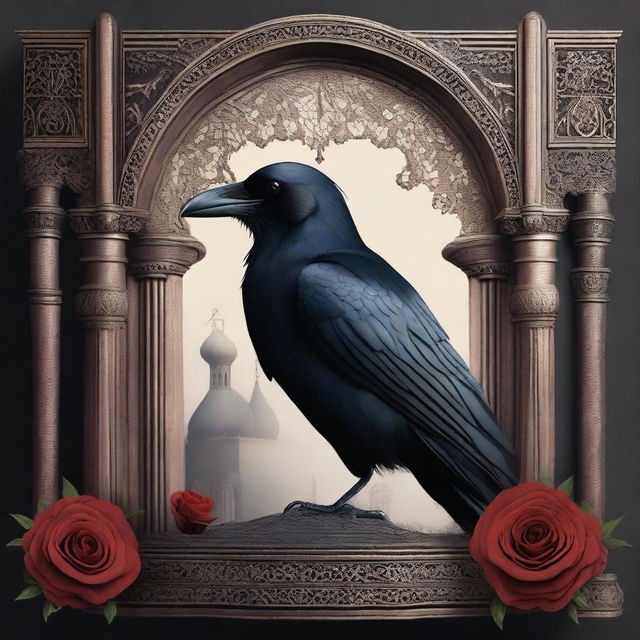 A detailed image of a raven wearing a fez, standing against a gothic background