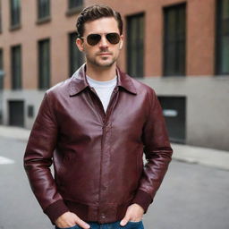 A man in a button-down aviator style maroon leather jacket.