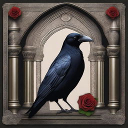 A detailed image of a raven wearing a fez, standing against a gothic background