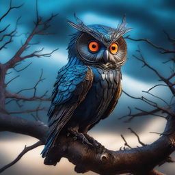 An evil steampunk owl in blue and black hues perching on a dead tree during a storm