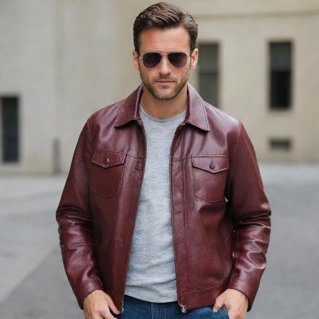 A man in a button-down aviator style maroon leather jacket.