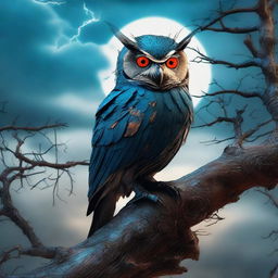 An evil steampunk owl in blue and black hues perching on a dead tree during a storm