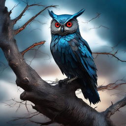 An evil steampunk owl in blue and black hues perching on a dead tree during a storm