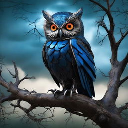 An evil steampunk owl in blue and black hues perching on a dead tree during a storm