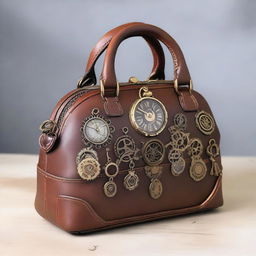 An antique leather steampunk handbag adorned with zips and brass decorations