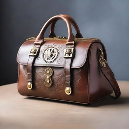 An antique leather steampunk handbag adorned with zips and brass decorations