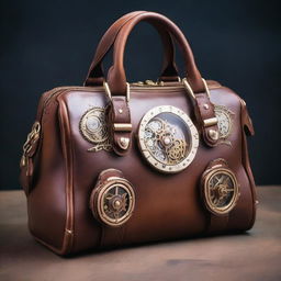 An antique leather steampunk handbag adorned with zips and brass decorations