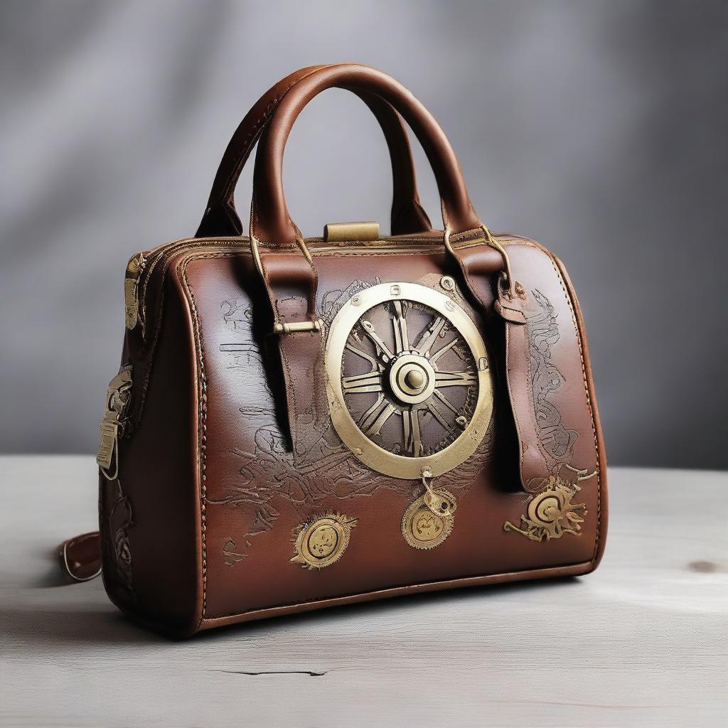 An antique leather steampunk handbag adorned with zips and brass decorations