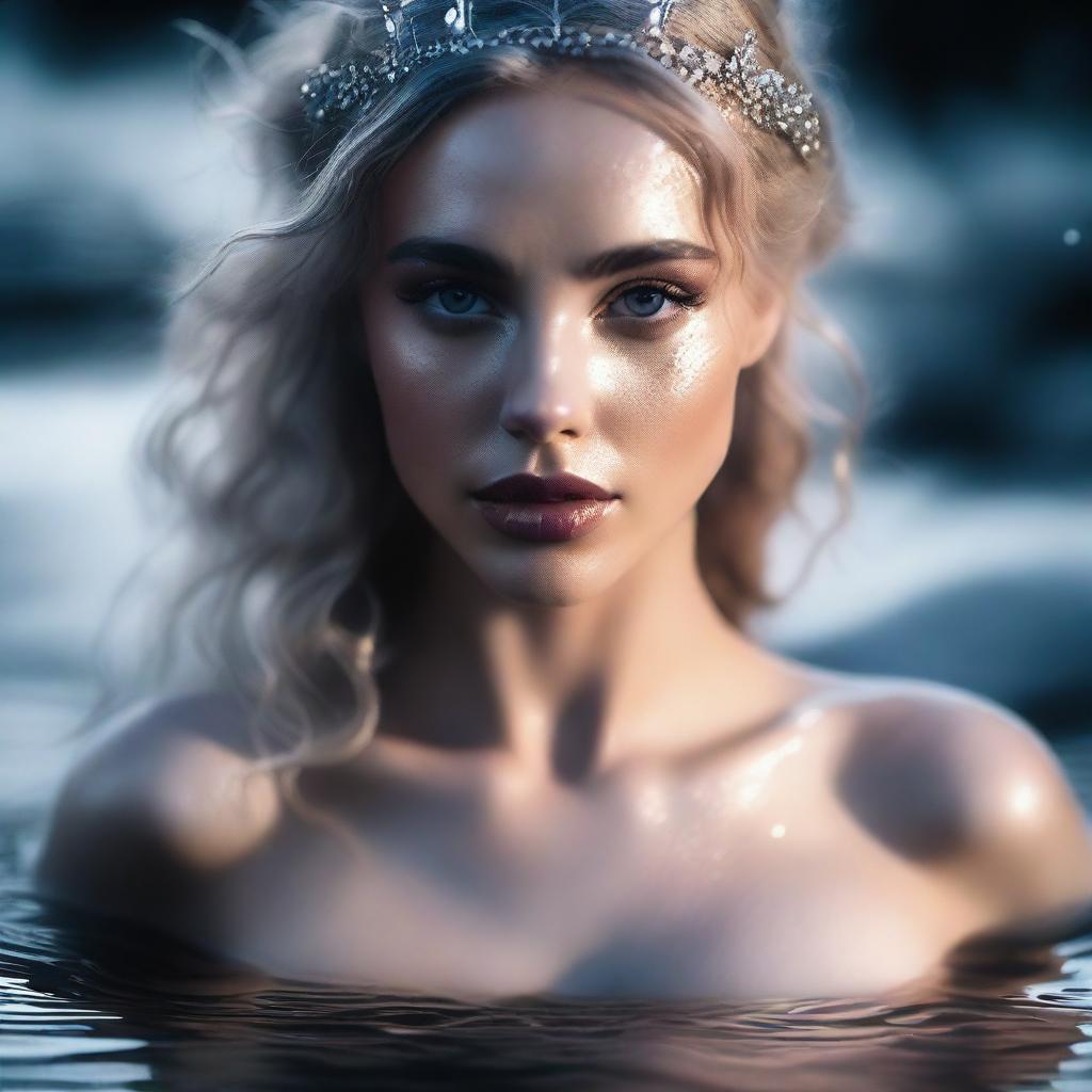 A cinematic shot with a dynamic angle showing the Greek goddess Aphrodite from the waist up