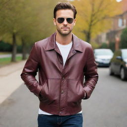 A man in a button-down aviator style maroon leather jacket.