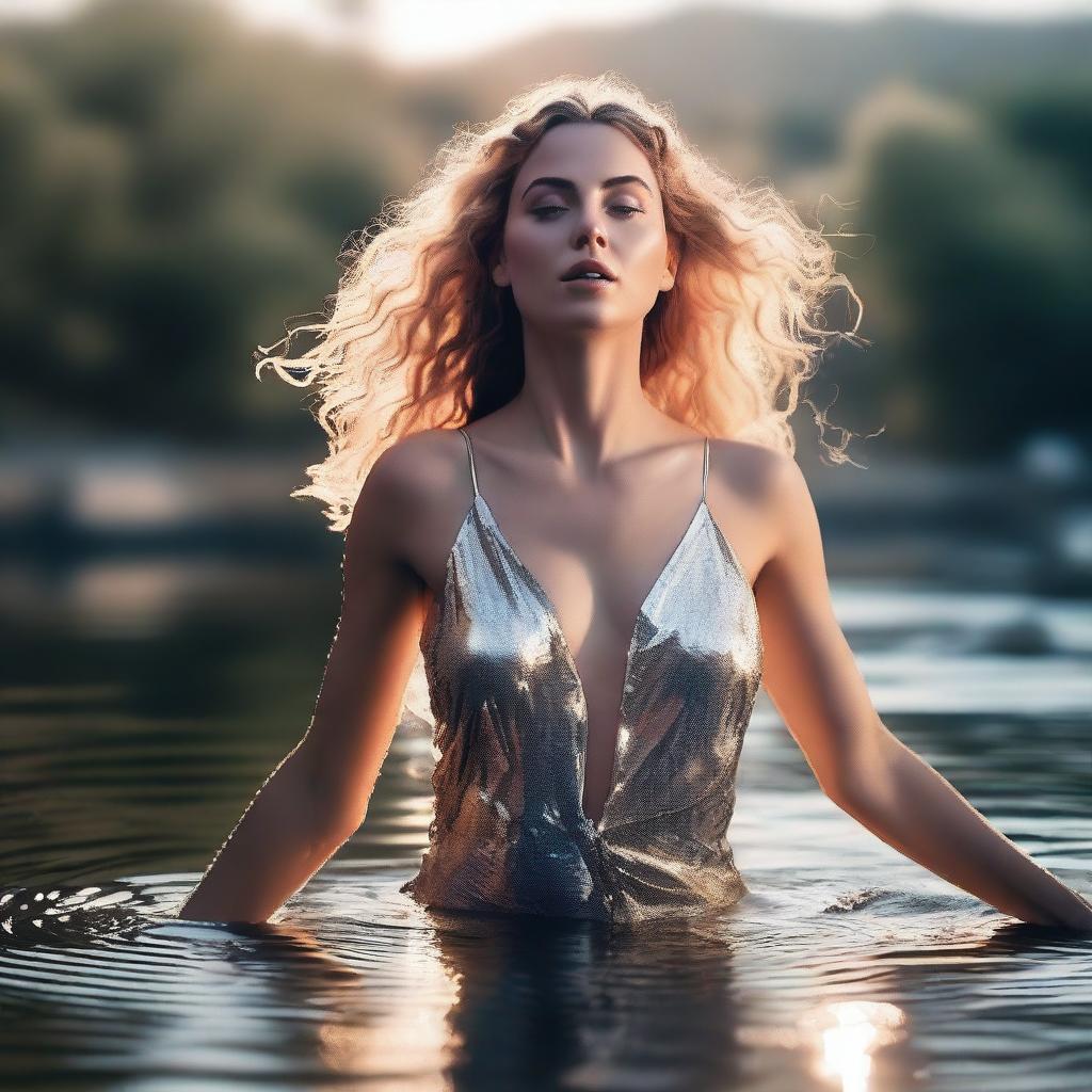 A cinematic, middle distance shot at a dynamic angle, depicting the Greek goddess Aphrodite from the waist up as she emerges from a shimmering pond of liquid silver