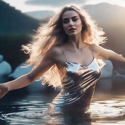 A cinematic, middle distance shot at a dynamic angle, depicting the Greek goddess Aphrodite from the waist up as she emerges from a shimmering pond of liquid silver