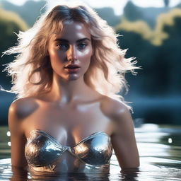 A cinematic, middle distance shot at a dynamic angle, depicting the Greek goddess Aphrodite from the waist up as she emerges from a shimmering pond of liquid silver