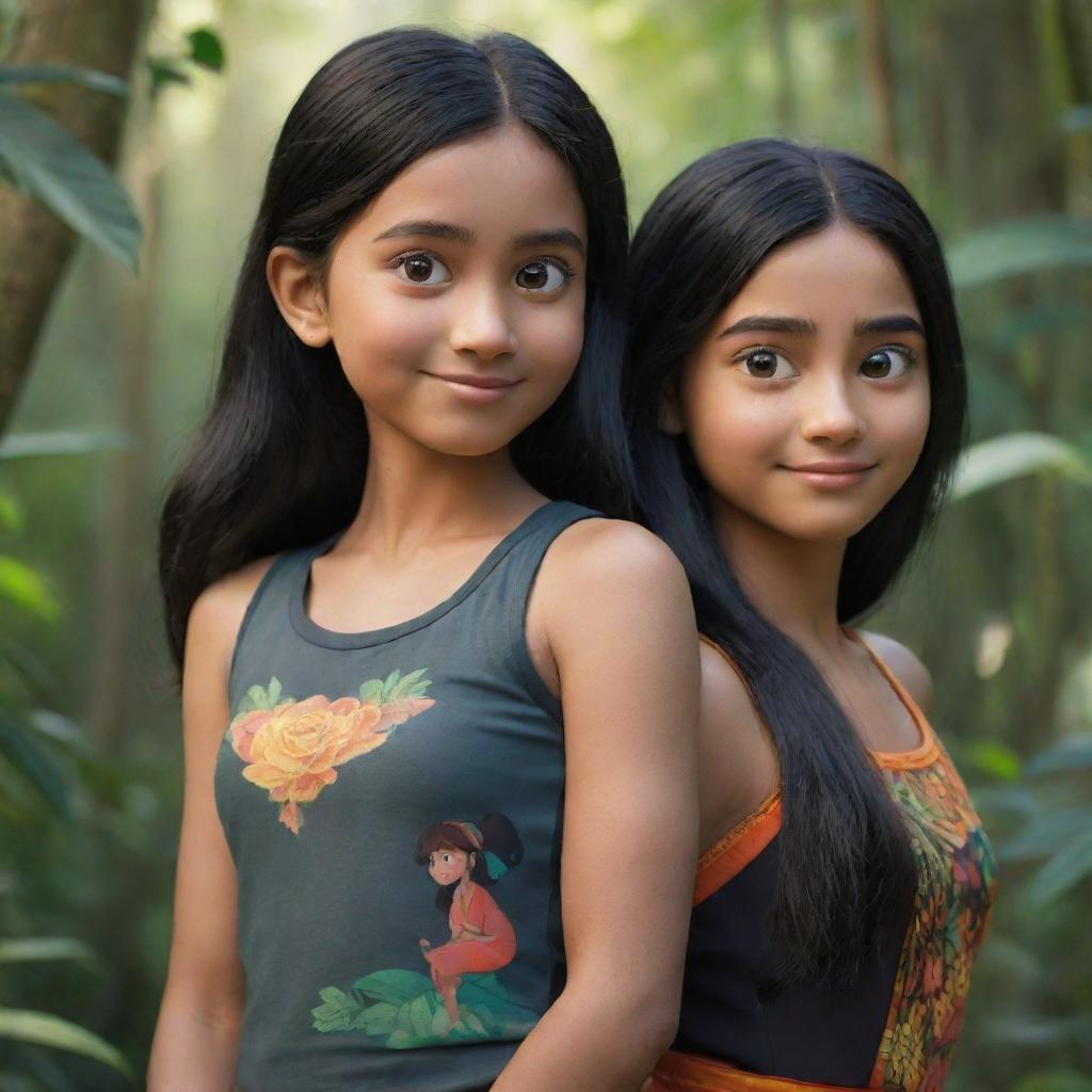 Two Disney-Pixar style characters in focus. The first an athletic girl with black hair in a gym suit posed in the jungle, with a detailed closeup shot. The second a cute girl with black hair, hot, wearing a traditional Indian saree.