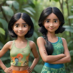 Two Disney-Pixar style characters in focus. The first an athletic girl with black hair in a gym suit posed in the jungle, with a detailed closeup shot. The second a cute girl with black hair, hot, wearing a traditional Indian saree.