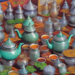 A vibrant and detailed picture of the international exhibition of Moroccan mint tea