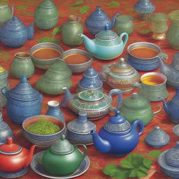 A vibrant and detailed picture of the international exhibition of Moroccan mint tea