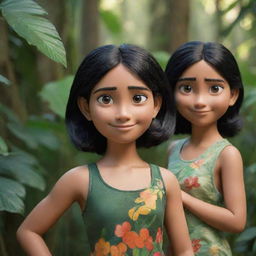 Two Disney-Pixar style characters in focus. The first an athletic girl with black hair in a gym suit posed in the jungle, with a detailed closeup shot. The second a cute girl with black hair, hot, wearing a traditional Indian saree.