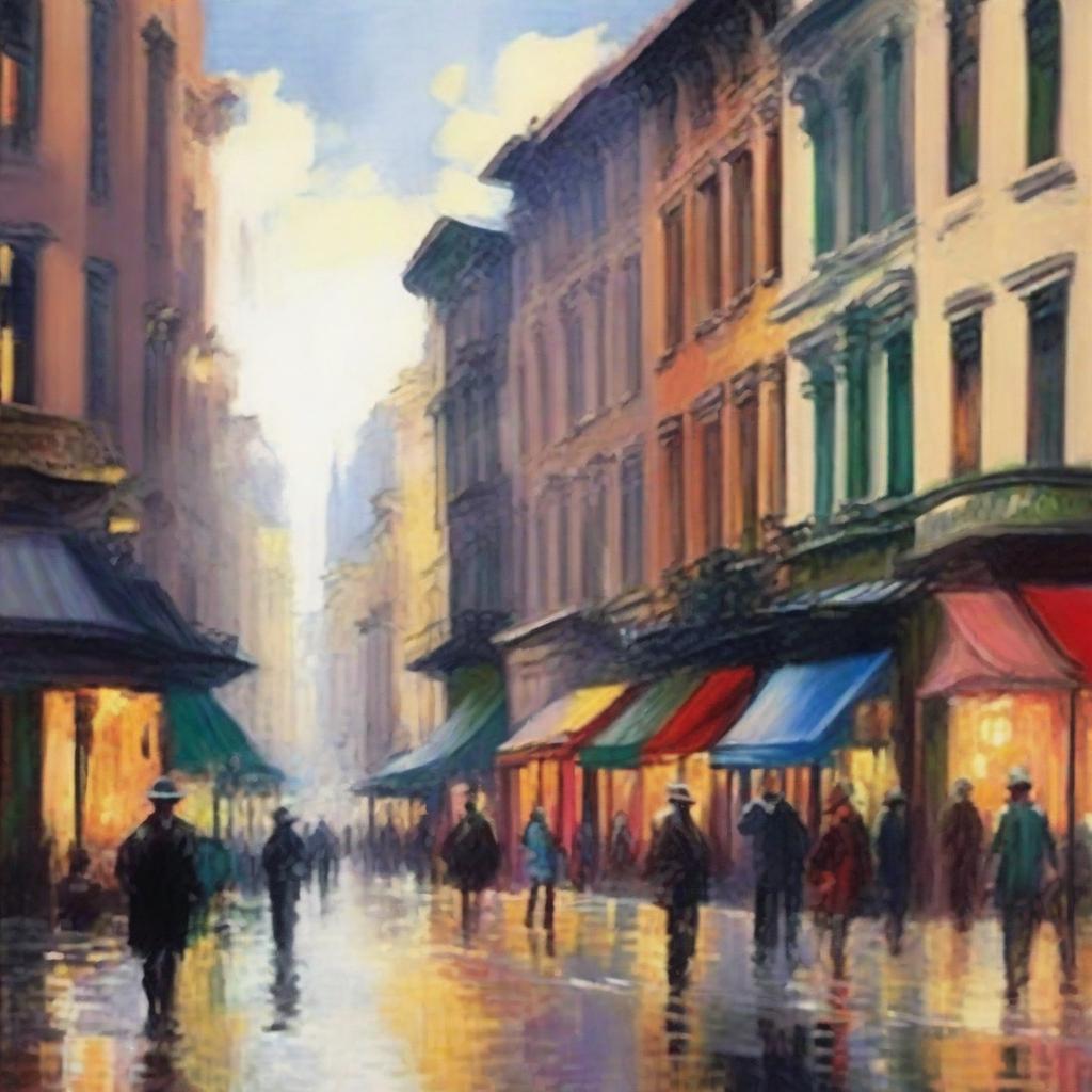 Create an impressionist painting of a bustling cityscape, capturing the vibrant energy of the streets, the movement of people, and the play of light and shadows on the buildings