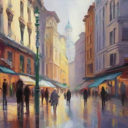 Create an impressionist painting of a bustling cityscape, capturing the vibrant energy of the streets, the movement of people, and the play of light and shadows on the buildings