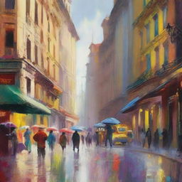 Create an impressionist painting of a bustling cityscape, capturing the vibrant energy of the streets, the movement of people, and the play of light and shadows on the buildings