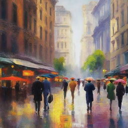 Create an impressionist painting of a bustling cityscape, capturing the vibrant energy of the streets, the movement of people, and the play of light and shadows on the buildings