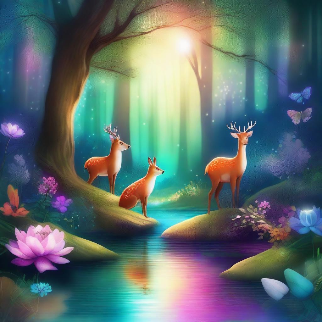 Create a captivating and whimsical digital art piece featuring a magical forest with enchanting creatures, glowing flowers, and a shimmering river