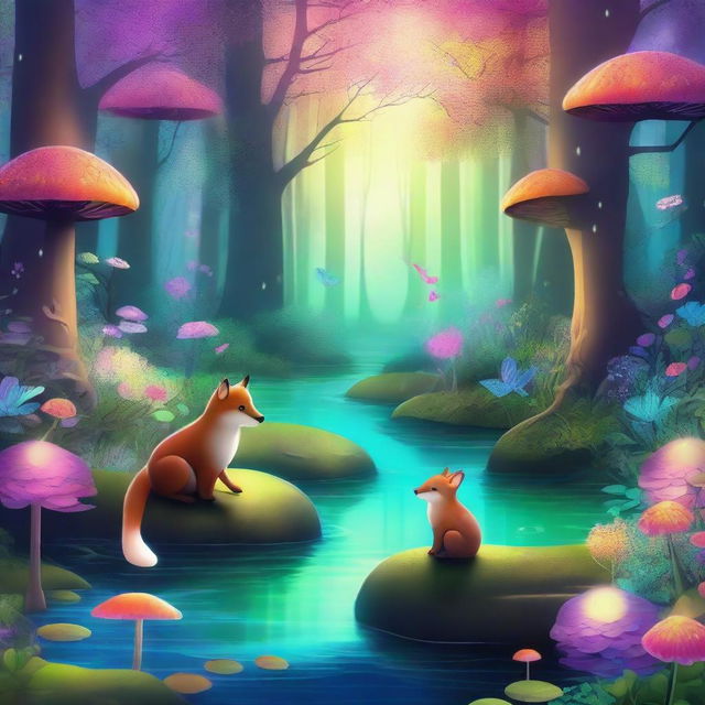 Create a captivating and whimsical digital art piece featuring a magical forest with enchanting creatures, glowing flowers, and a shimmering river