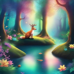 Create a captivating and whimsical digital art piece featuring a magical forest with enchanting creatures, glowing flowers, and a shimmering river