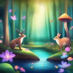 Create a captivating and whimsical digital art piece featuring a magical forest with enchanting creatures, glowing flowers, and a shimmering river