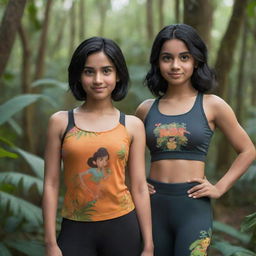 Two Disney-Pixar style characters in focus. The first an athletic girl with black hair in a gym suit posed in the jungle, with a detailed closeup shot. The second a cute girl with black hair, hot, wearing a traditional Indian saree.