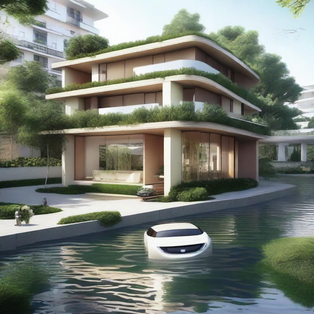 A natural building surrounded by streets and electric cars, with a river flowing nearby