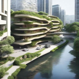 A natural building surrounded by streets and electric cars, with a river flowing nearby