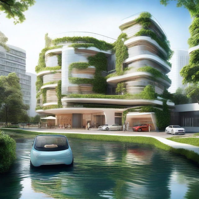 A natural building surrounded by streets and electric cars, with a river flowing nearby