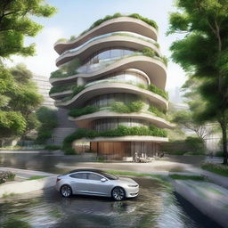 A natural building surrounded by streets and electric cars, with a river flowing nearby