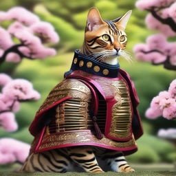 A majestic Bengal cat dressed in intricate samurai armor, standing proudly