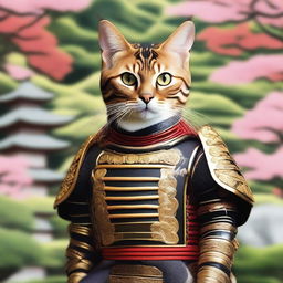 A majestic Bengal cat dressed in intricate samurai armor, standing proudly