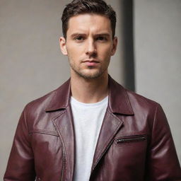 A man in a stylish aviator style maroon leather jacket.