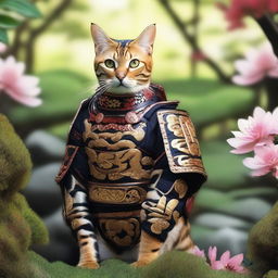 A majestic Bengal cat dressed in intricate samurai armor, standing proudly