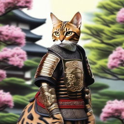 A majestic Bengal cat dressed in intricate samurai armor, standing proudly